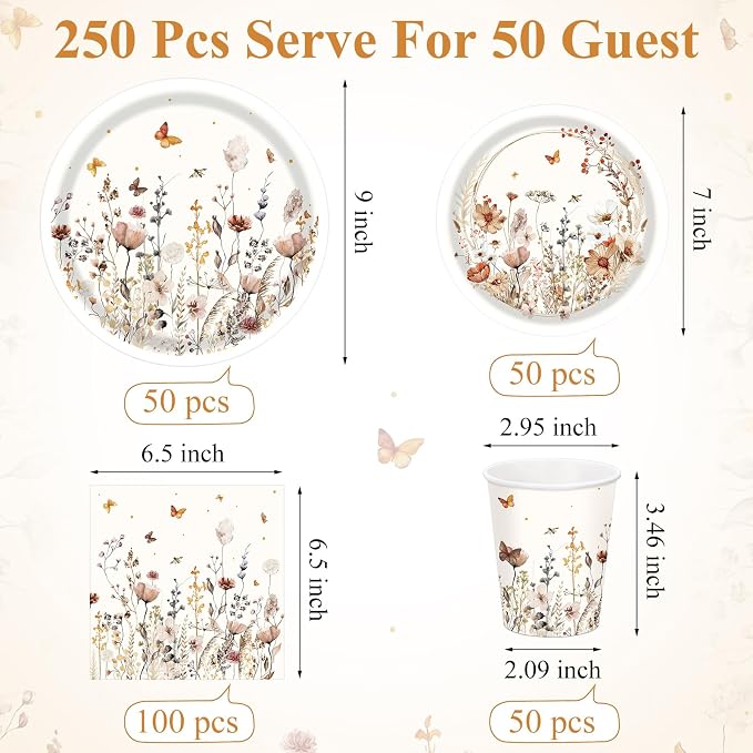 250 Pcs Wildflower Party Decorations Include Boho Autumn Fall Floral Paper - Image 3