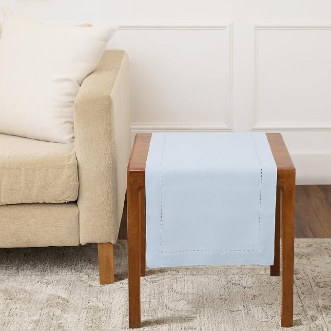 Solino Home 100% Pure Linen Table Runner Blue, Classic Hemstitch 14 x 36 in | by SolinoHome
