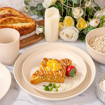 LIYH 24 Pcs Beige Plastic Wheat Straw Dinnerware Sets - Reusable Unbreakable Wheat Straw Bowls & Plates Dinner Set, Dishwasher Safe Plates Bowls Cups for Party Dish Set for 6 Kitchen & Camping