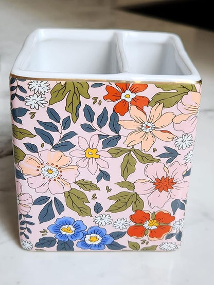 Pen Pencil Holder, Makeup Brush Holder,Ceramic Remote Control Holders Organizer with 2 Compartment Floral Multi-functional Office Organizers Storage Caddy Desk Tv Remote Holders Pink Flowers