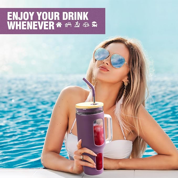 WINSA Glass Tumbler with Lid and Straw, 46 oz, Dark Purple | Iced Coffee Cup - Image 6
