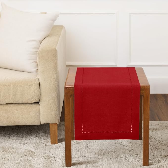 Solino Home 100% Pure Linen Table Runner Red, Classic Hemstitch 14 x 36 in | by SolinoHome