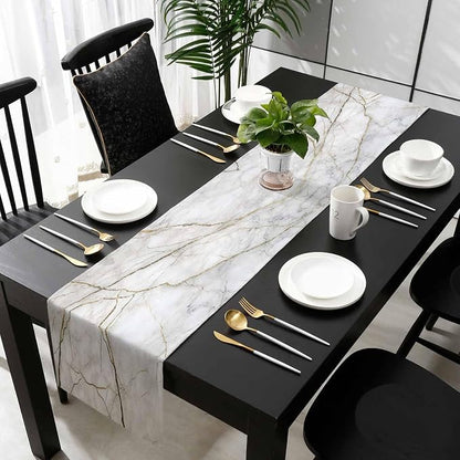 Marble Table Runner-Cotton Linen-Long 90 inche White Gray Gold Dresser Scarves - Image 5