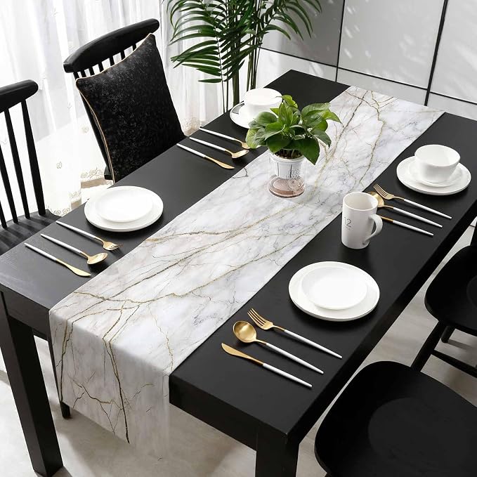 Marble Table Runner-Cotton Linen-Long 108 inche White Gray Gold Dresser Scarves - Image 5