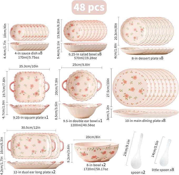 Ceramic Dinnerware Set, Floral Plates and Bowls Sets, Microwave & Dishwasher - Image 3