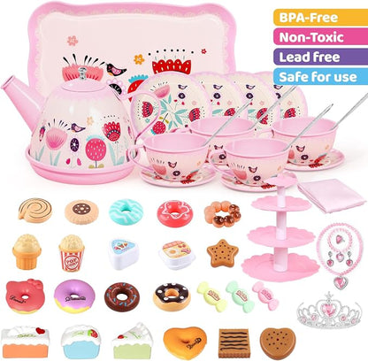 Tea Party Set for Little Girls, Kids Kitchen Pretend Playset, Montessori Toys - Image 3
