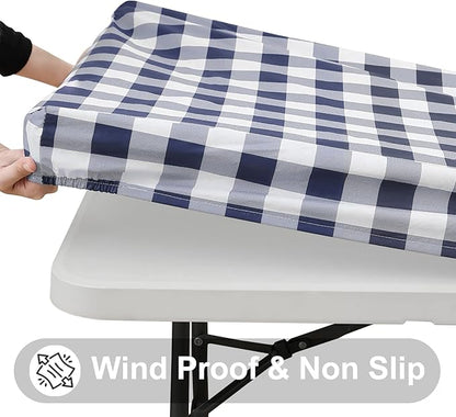 Smiry Rectangle Picnic Table Cloth, Elastic Waterproof Fitted Vinyl Tablecloths, Flannel Backed Buffalo Plaid Table Covers for Dining, Camping, Outdoor (White and Navy, 30" x 72")