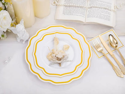 YOUBET 350 PCS White and Gold Plastic Plates - Disposable Plates for 50 Guests Tableware Includes 150 Gold Plastic Silverware, 50 Cups, 50 Napkins, for Wedding Party & Thanksgiving