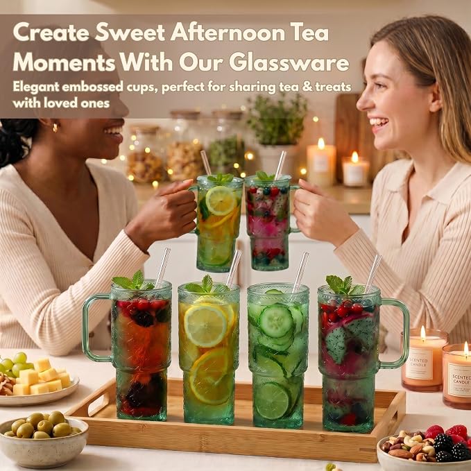 20 oz Green Glass Tumbler with Lid and Straw, Glass Iced Coffee Cups, - Image 3