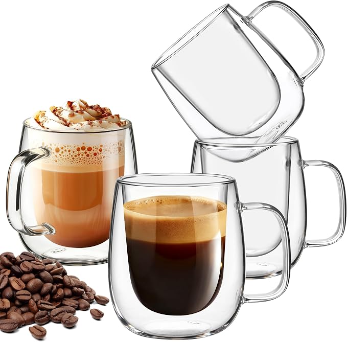 12 OZ Glass Coffee Mug Pack of 4, Double Wall Glass Mug by Yopinmall