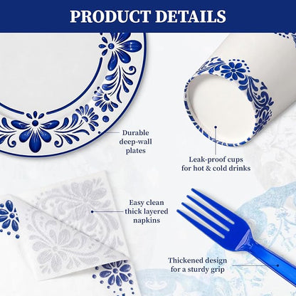 96 Pcs Cielito Lindo Party Supplies De Barro Mexican Talavera Blue Party Plates - Image 4