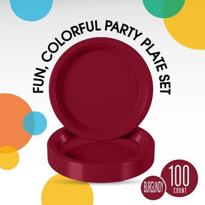 Burgundy Plastic Plates For Party 9" Burgundy Disposable Plates Heavy Duty 100 Pcs Plastic Dinnerware Sets Heavy Duty 350 GSM Disposable Dinnerware Set