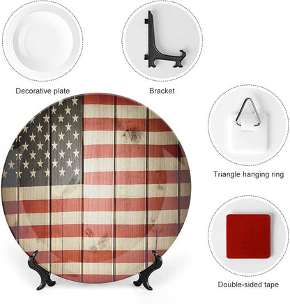 Ceramic Display Plate, American Flag Decor Ceramic Hanging Decorative Plate, USA Flag Over Vertical Striped Wooden Board, 6 Inch, Household Custom Ceramic Plate, Blue Red