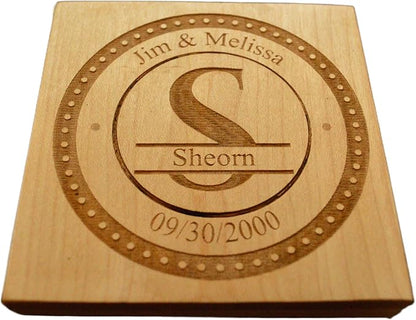 Personalized Wooden Coasters with Monogram, Wedding Date Engraved, Family Name- Choice of Wood (Split Letter Monogram)