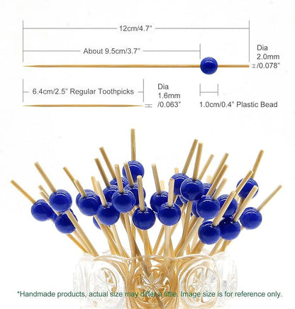 Minisland Navy Blue Pearl Cocktail Picks, 4.7 Inch Long Bamboo Fancy Toothpicks for Appetizers, Decorative Independence Day Party Food Drink Garnish Fruit Kabob Skewer Sticks 100 Counts - MSL450