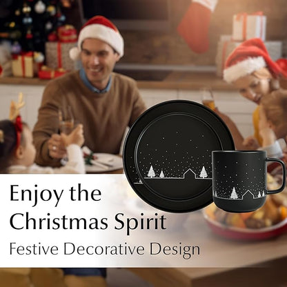 MIAMIO – Christmas Dinnerware Set 12-Piece/Christmas Plates Set with Mugs in minimalist holiday design (Service for 4) / Dishwasher and Microwave Safe – Vinter Collection