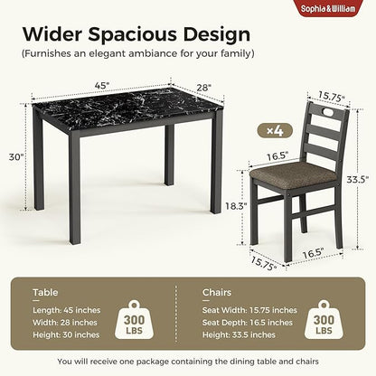 Sophia & William 5 Piece Dining Table Set for 4, Faux Marble Kitchen Table and Chairs Set, Solid Wood Farmhouse Dinner Table Set,Veined Black Marble & Gray