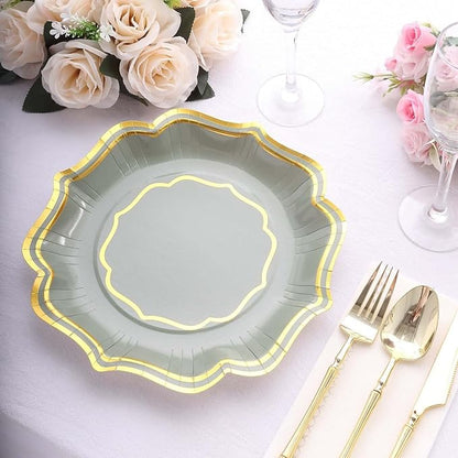 50 Pack 10" Sage Green/Gold Scallop Rim Dinner Plates, Disposable Round Paper Party Plates 300 GSM for Festive Table Decoration