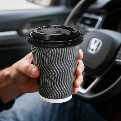 100 Pack 10 oz Coffee Cups with Lids, Disposable Insulated Hot Cups To Go Paper Coffee Cups, Corrugated Ripple Wall Cup for Hot Drink, Office, Coffee Bar (Grey 10 oz)