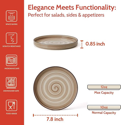 Sweese 7.8 Inch Porcelain Dessert Plates Set of 6 - Gradient Salad Plates, Microwave & Dishwasher Safe, Scratch-Resistant, Elegant High-Edge Design for Appetizers, Cakes, Pasta - Neutral