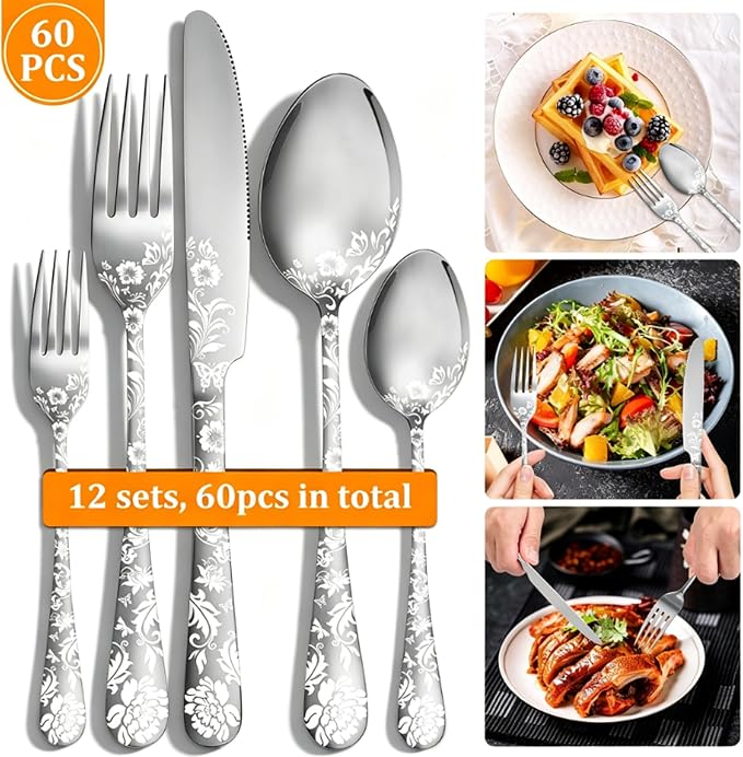 60 Piece Floral Silverware Set for 12 - Image 7