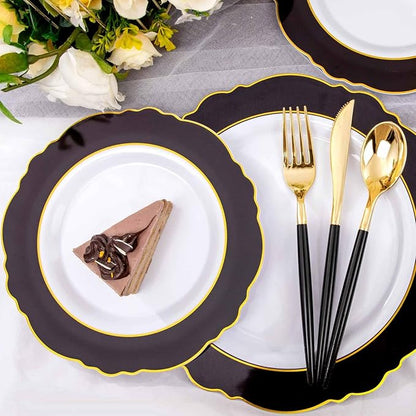 WDF 30Guest Black and Gold Plastic Plates - New Year Plates - Gold Plastic Silverware With Black Handle Baroque Black and Gold Disposable Dinnerware for New Year &Parties