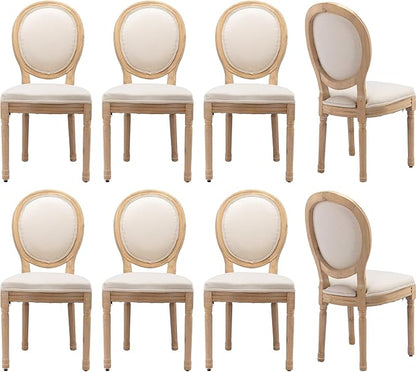 Vintage French Dining Chairs Set of 8, Round Back Accent Chairs with Linen Seat and Solid Wood Frame, Farmhouse Sillas de Comedor Upholstered for Dining Room & Kitchen, Beige