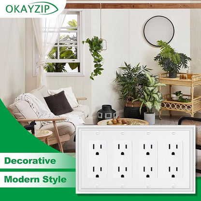 White Decorative Quad Decorator Wall Plate, Natural Material Rocker Switch Plates Outlet Covers for Receptacle, GFCI Outlet, Dimmer Switch - Modern Style (4 Gang Decorator 1 Pack)