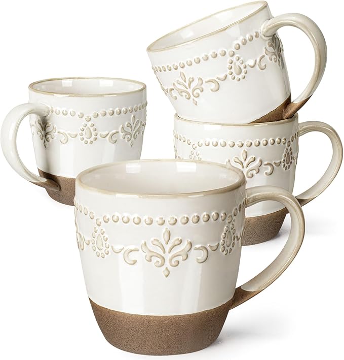 Artena Ceramic Coffee Mugs Set of 4, 16oz Embossed Large Latte Mugs Coffee Cups by Artena