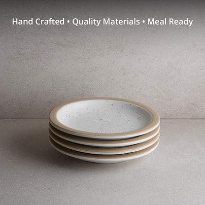 Goodies White & Brown Rimmed Appetizer Plates (Set of 4), Handmade Ceramic, Glazed, Dishwasher Safe, Microwave Safe, Durable, Easy-to-Clean, Stackable, 7.5 Inch