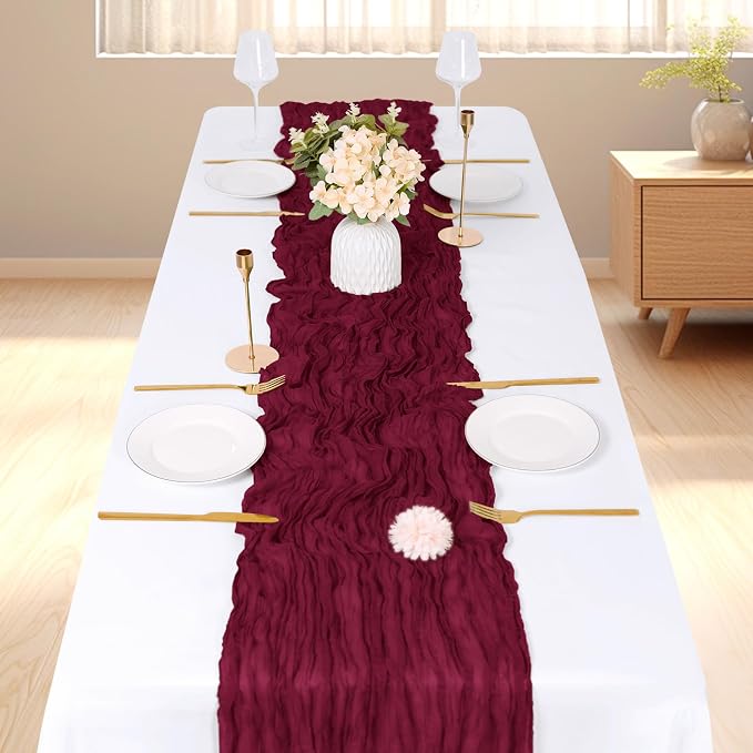 3 Pack Burgundy Cheesecloth Table Runner, 17 x 108 inch, Semi Sheer Boho Cheese - Image 2