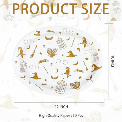 50Pcs Magical Oval Paper Plates 10" x 12" Large Disposable Heavy Duty Golden Wizard Theme Paper Platters Fantasy Magic Dessert Plates for Boy Girl Magical Wizard Themed Birthday Party Supplies