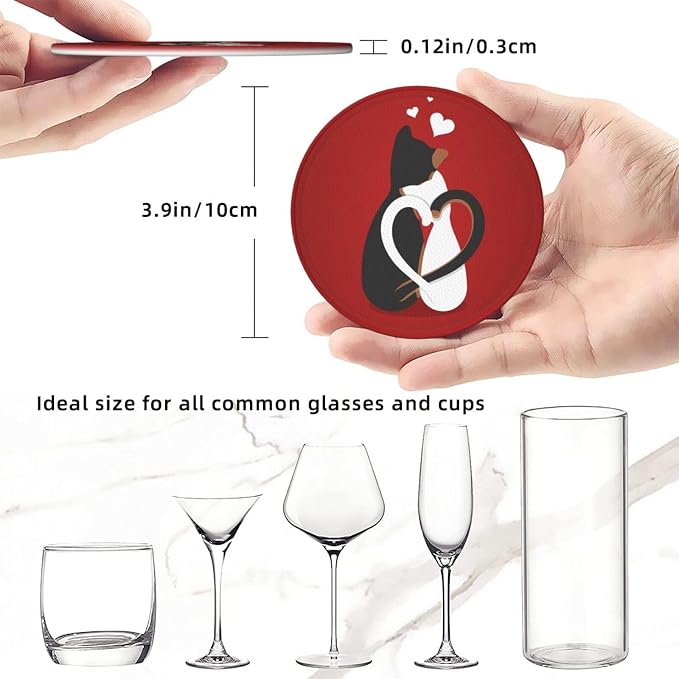 Drink Coasters with Holder Stand Set of 6, Valentine's Day Cat Pu Leather - Image 3