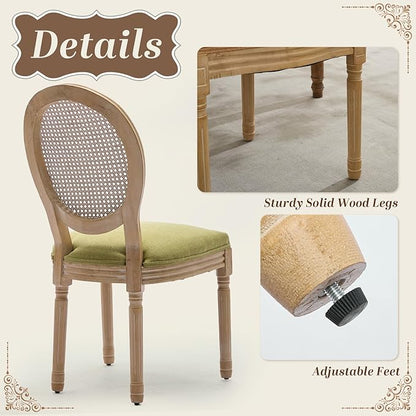 SoarFlash French Dining Chairs Set of 4, Vantage Dining Chair with Round Back, Wood Leg Farmhouse Country Rattan Dining Chair for Kitchen,Bedroom,Olive Green