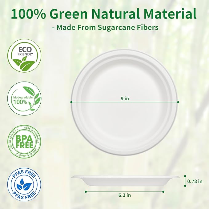 Aricsen 100 Pack 9 Inch Compostable Disposable Round Paper Plates, Natural White Biodegradable Sugarcane Bagasse PFAS-Free Eco-Friendly Dinner Plates for Party Wedding Picnic BBQ (100, 9 INCH)
