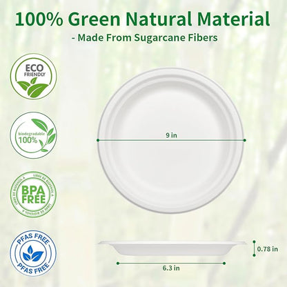 Aricsen 50 Pack 9 Inch Compostable Disposable Round Paper Plates, Natural White Biodegradable Sugarcane Bagasse PFAS-Free Eco-Friendly Dinner Plates for Party Wedding Picnic BBQ (50, 9 INCH)