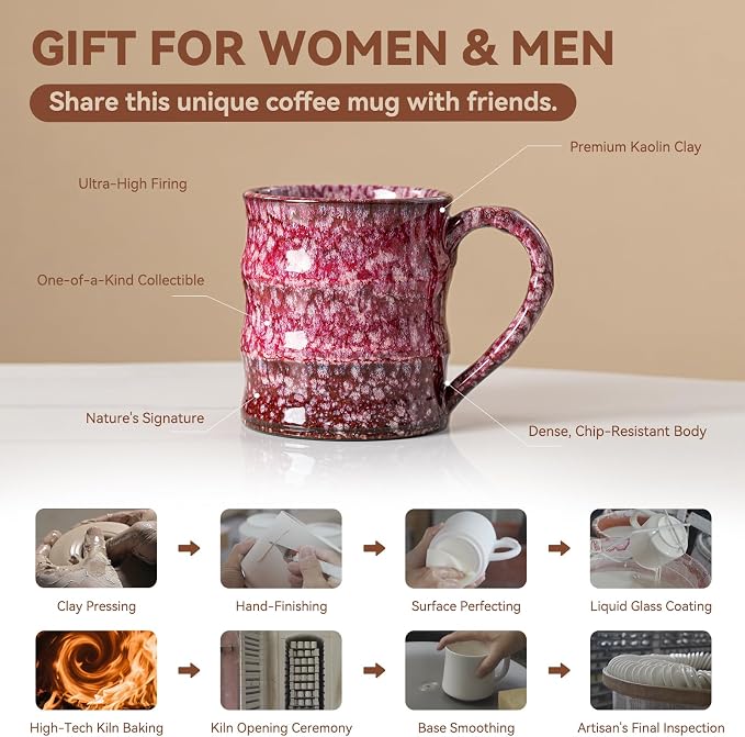 Unique Reactive Glaze Cherry Red Ceramic Coffee Mug - 15 oz Large Coffee Cup - Image 4