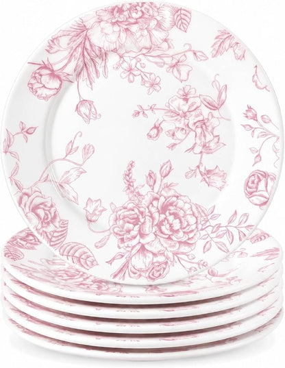 Honeydak 6 Pcs 6 Inch Pink Floral Flower Ceramic Plates Pink and White by Honeydak
