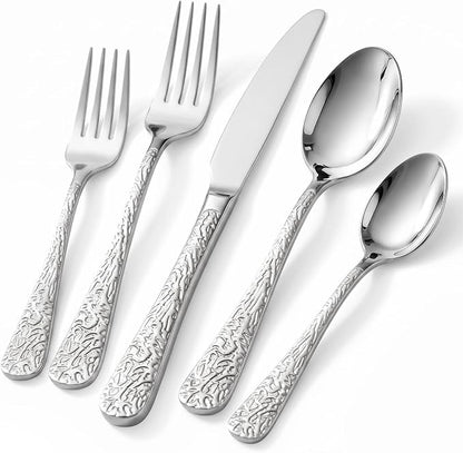 20 Piece Embossed Silverware Set, Stainless Steel Flatware Set by Unknown