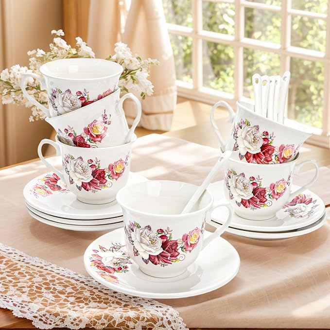 WRINGKIT Tea Cups and Saucers Set of 6, 6 Oz Porcelain Floral Tea Cups - Image 4