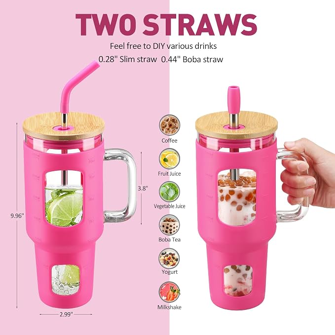 WINSA Glass Tumbler with Straw and Lid, Rose Red, 40 oz | Iced Coffee Cup with - Image 4