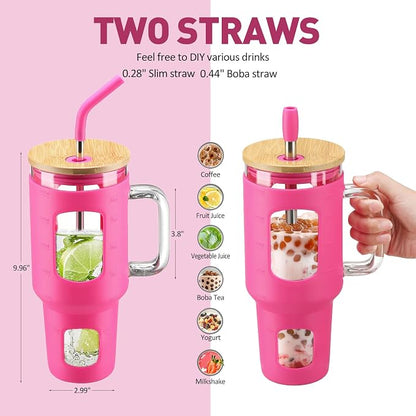 WINSA Glass Tumbler with Straw and Lid, Rose Red, 40 oz | Iced Coffee Cup with - Image 4