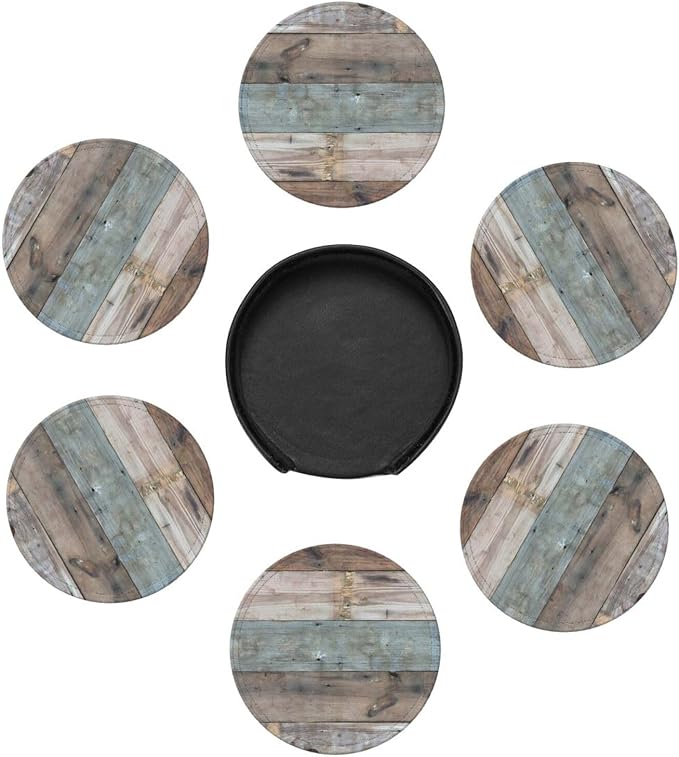 6 Pcs Rustic Wooden Vintage Western Country Blue Gray Leather Coasters - Image 7