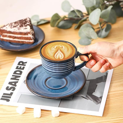 HASENSE Ceramic Cappuccino Cups and Saucers Set of 4, 8 oz Tea Coffee Cups Set - Image 5