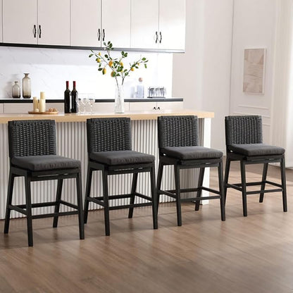Carbon Black Bar Stools Set of 4, 27.3 Inch Counter Height Stools Upholstered Linen Armless Bar Chairs with Woven Rope Backrest Wooden Legs for Kitchen Island Dining Room