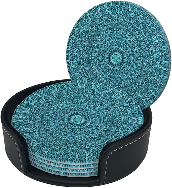 6 Pcs Mandala Turquoise Teal Blue Green Leather Coasters - Image 3