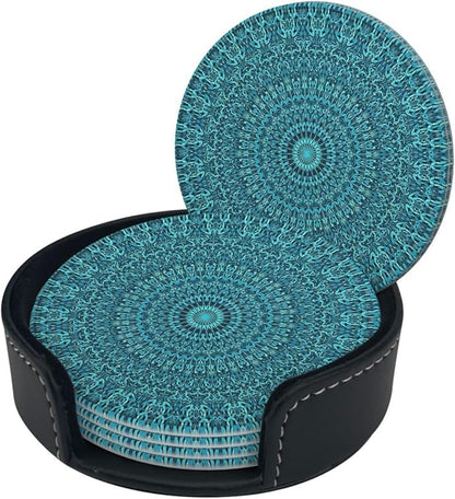 6 Pcs Mandala Turquoise Teal Blue Green Leather Coasters - Image 3