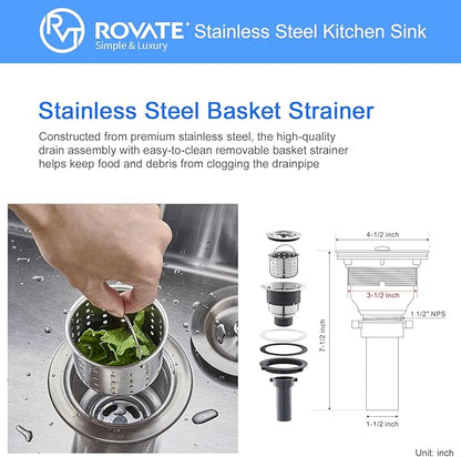 ROVATE 17 x 19 Inch Drop in Bar Sink Single Bowl, Topmount 304 Stainless Steel Small Kitchen Sink with 1 Hole, Handmade Overmount Wet Bar Prep Sinks with Basket Strainer
