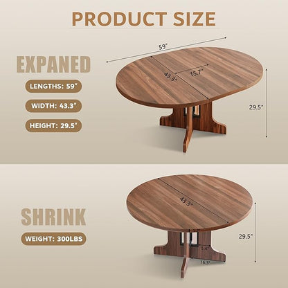 iPormis 59" Round Extendable Dining Table for 4-6, Modern Kitchen Table with Heavy Duty Pedestal Base & Wooden Top, Oval Dining Room Table for Dining Living Room, Easy Assembly, Walnut