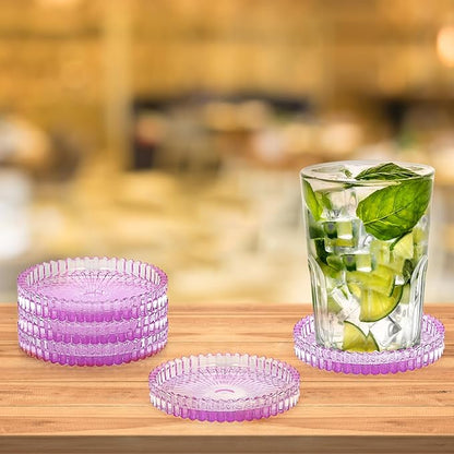 JUXYES 5 Pack Clear Purple Crystal Coasters Round Cup Mat, Glass Coasters for Drinks Coffee Tea Wine, Decorative Wine Bottle Coaster, Crystal Drink Coasters for Restaurant bar Kitchen Dining Table